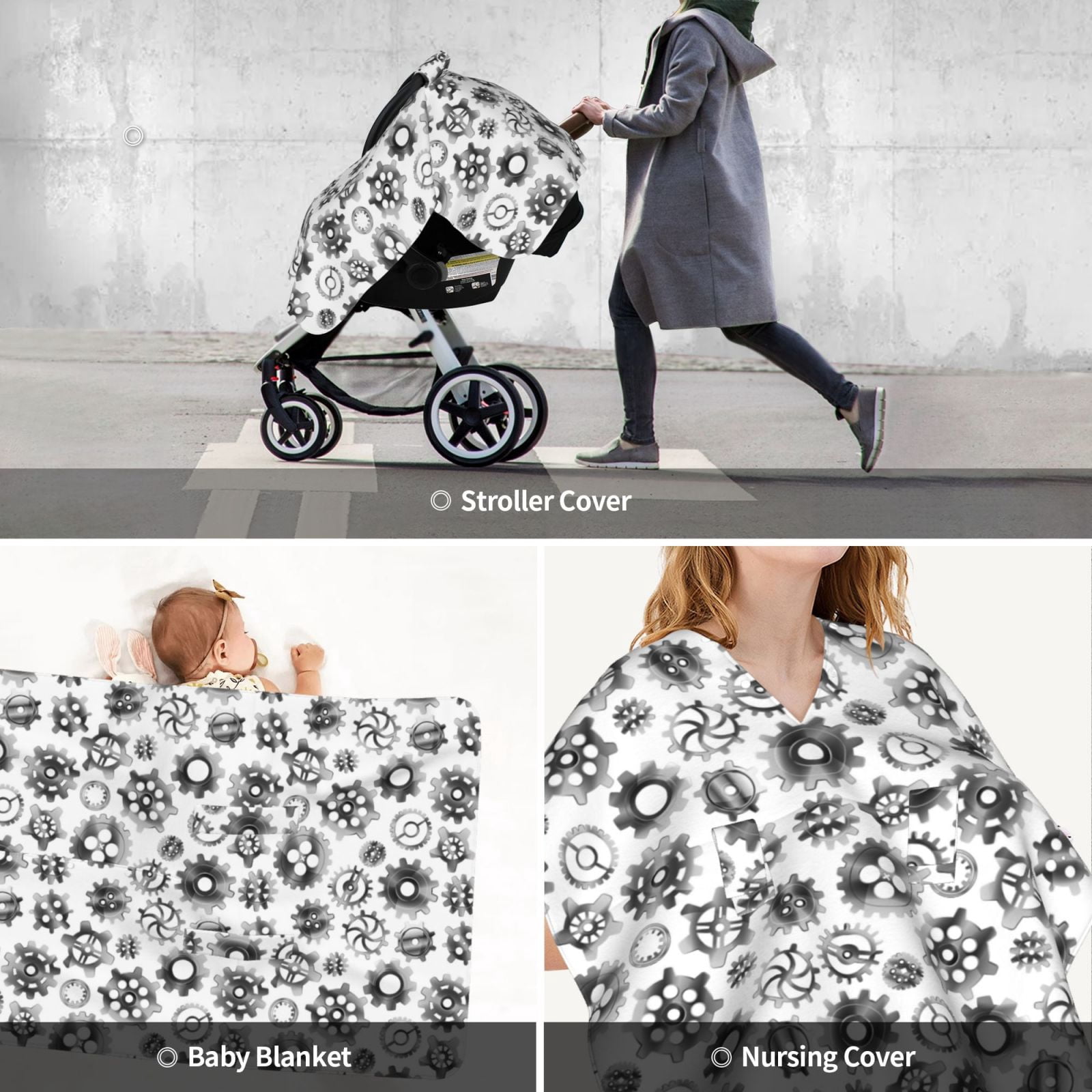 Car Seat Cover Baby - silver Gear Pattern Breathable Infant Car Seat Cover for Baby Carseat, Lightweight Comfort Baby Essentials Must Haves Newborn Stuff for Girl Boy