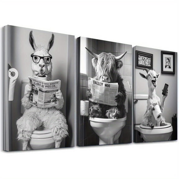 [Ideal Gift] Set of 3 Framed Quirky Moments Poster, Humor Decor Artwork, Farm Creatures Canvas Print Wall Arts, Toilet Adventures Posters, Bathroom Scenes Paintings, Funny Animals Home Decor, Poster,