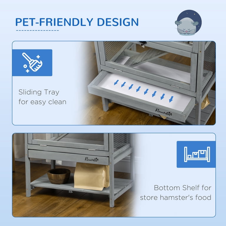PawHut Large Wooden Hamster Cage With Storage Shelf – Grey – 23.5" X 15.75" X 35.5"