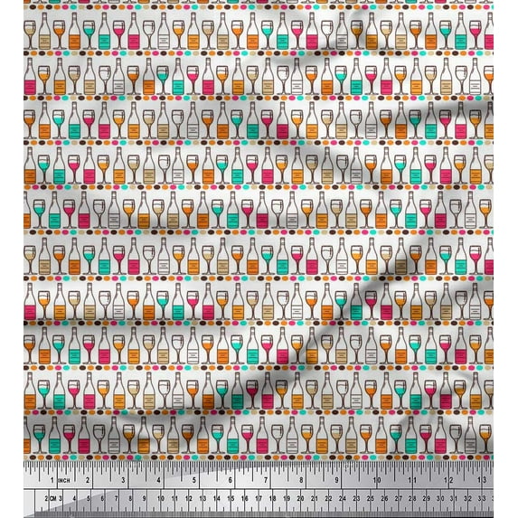Soimoi Rayon Fabric Bottle & Wine Glass Bar Printed Fabric 1 Yard 42 Inch Wide