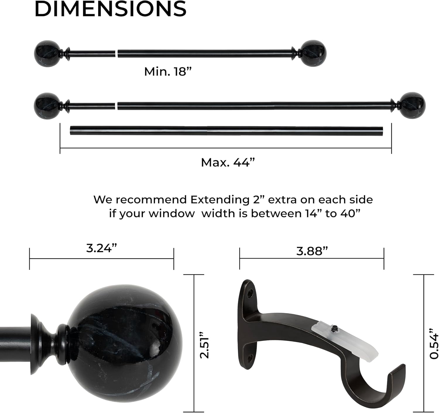 Deco Window Adjustable Curtain Rod for Windows 18 to 44 Inch (Pack of 1) Extendable Curtain Rod with Marble Ball Finial (Black)