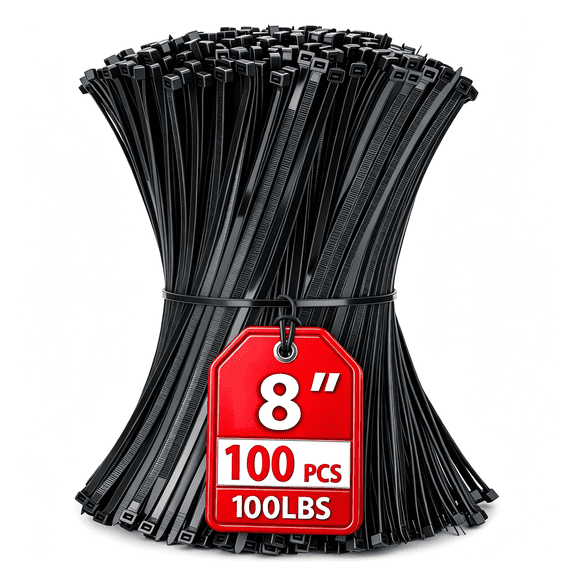 MISSMILE Zip Ties 8 Inch, 100 Pack Heavy Duty Black Zip Ties with 100 Lbs Tensile Strength, Self-Locking Nylon Cable Ties,Wire Ties for Indoor and Outdoor Use. Black Zip Ties