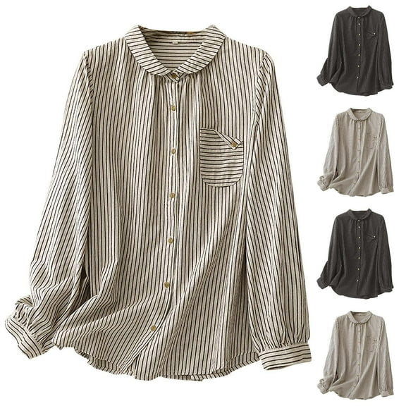 FRSASU Women's Button Down Shirts Retro Artistic Autumn/Winter Cotton Linen Long Sleeve Casual Blouses Loose Tops White XL(XL)