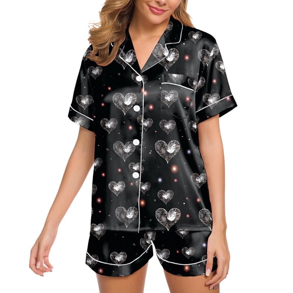 HOWPAY Womens Pajama Sets Valentine'S Day Heart Printed Short Sleeve Button Up Tops with Shorts Pj Sets Fall Winter Warm Soft 2 Piece Sleepwear Black L