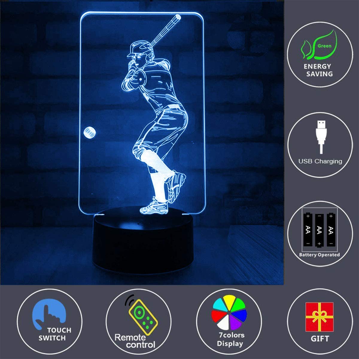 3D Remote Night Stand Light, EpicGadget Touch Control Optical Illusion Visualization LED Night Light Lamp 7 Colors Changing Remote Control Night Light Lamp Stand (Baseball Player) - image 3 of 3
