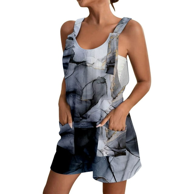 VBARHMQRT Combinaisons de Gym pour Femmes Combinaison Short à Bretelles à Nouer Imprimée pour Femmes, Col Rond, Imprimés, Combishort Combinaison avec Poche