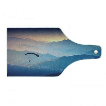 Sports Cutting Board, Paraglide Flying over Majestic Mountains Morning Valley Sunrise Sports Freedom Theme, Tempered Glass Cutting and Serving Board, Wine Bottle Shape, Blue Pink, by Ambesonne