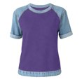 thumbnail image 4 of Miluxas Women's Denim Raglan Sleeve T-Shirt Crew Neck Color Block Casual Summer Basic Tops Purple, 4 of 5