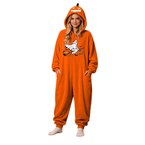 Halloween Pumpkin Hooded Onesie Adult Pajama Party Onesie Flannel Costume Jumpsuit, Couples Matching Hooded Pajama for Halloween Sleepwear Loungewear