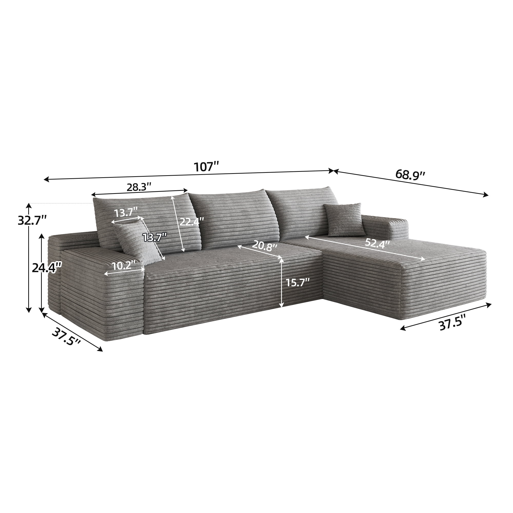 Cloud Sectional Couch 107-Inch with L-Shape Chaise and Deep Seat, Modular Sofa and Corner Couch for Living Room Bedroom, No Assembly Required, Gray