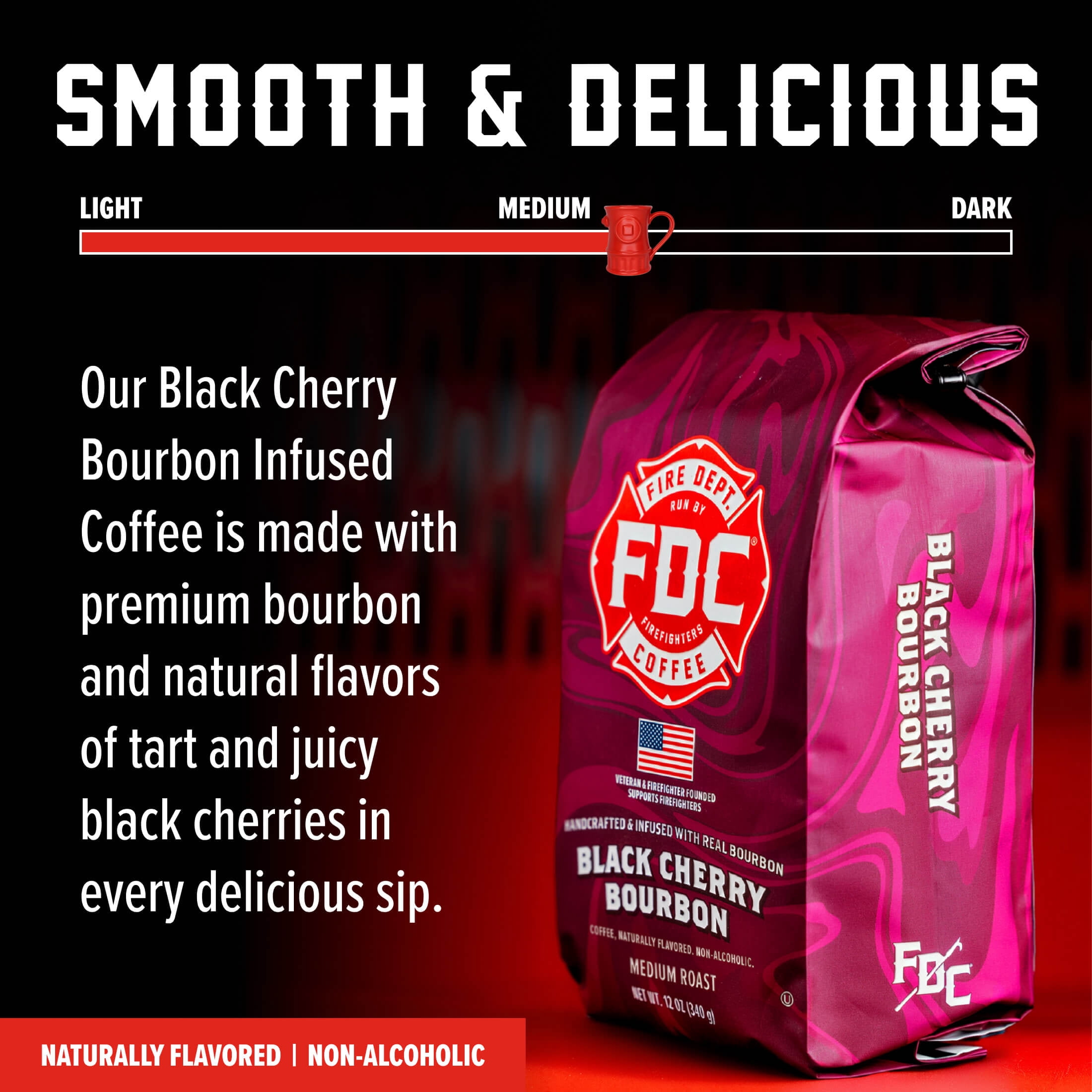 (6 pack) Fire Department Coffee, Black Cherry Bourbon Infused, Premium Ground Coffee, Medium Roast 12 oz.