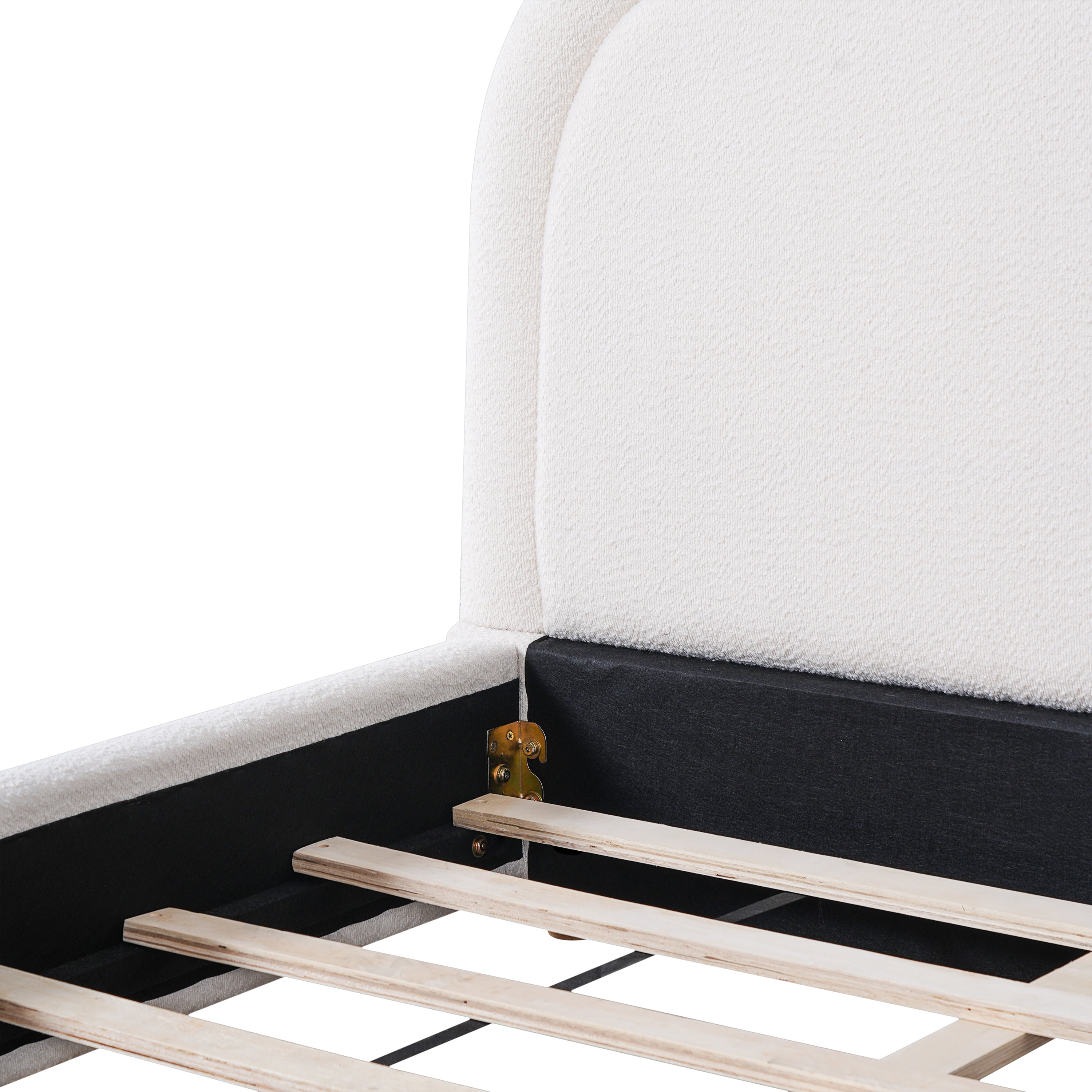 King Size Bed Frame with Boucle Upholstered Thick Curved Headboard & Solid Wood Legs, Platform Bed for Bedroom, White