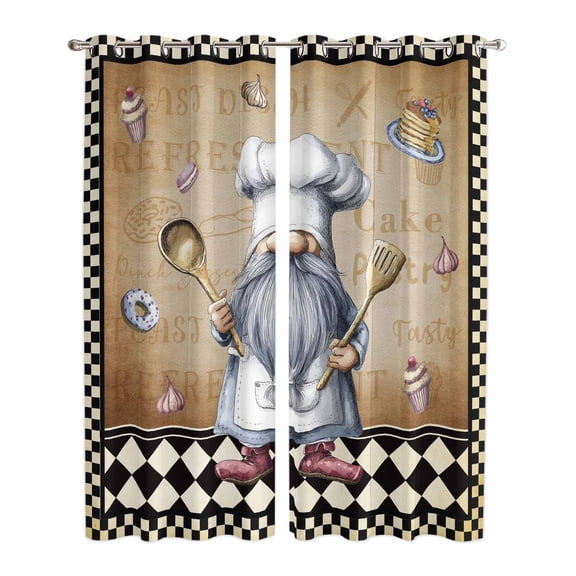 Kitchen Curtains 84 Inch Length 2 Panels, Vintage Gnomes Grommets Window Treatment Curtain, Black White Checkered Retro Art Thermal Curtains Drapes for Living Room/Bathroom