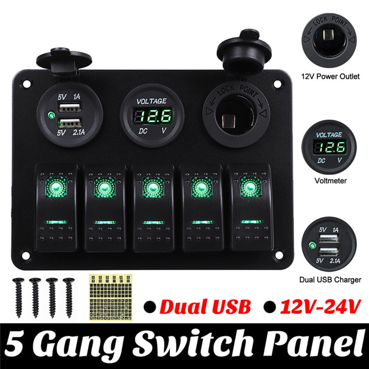 5 Gang LED Rocker Switch Control Panel 12V 24V Car Boat Marine 2 USB W/120 Decal 