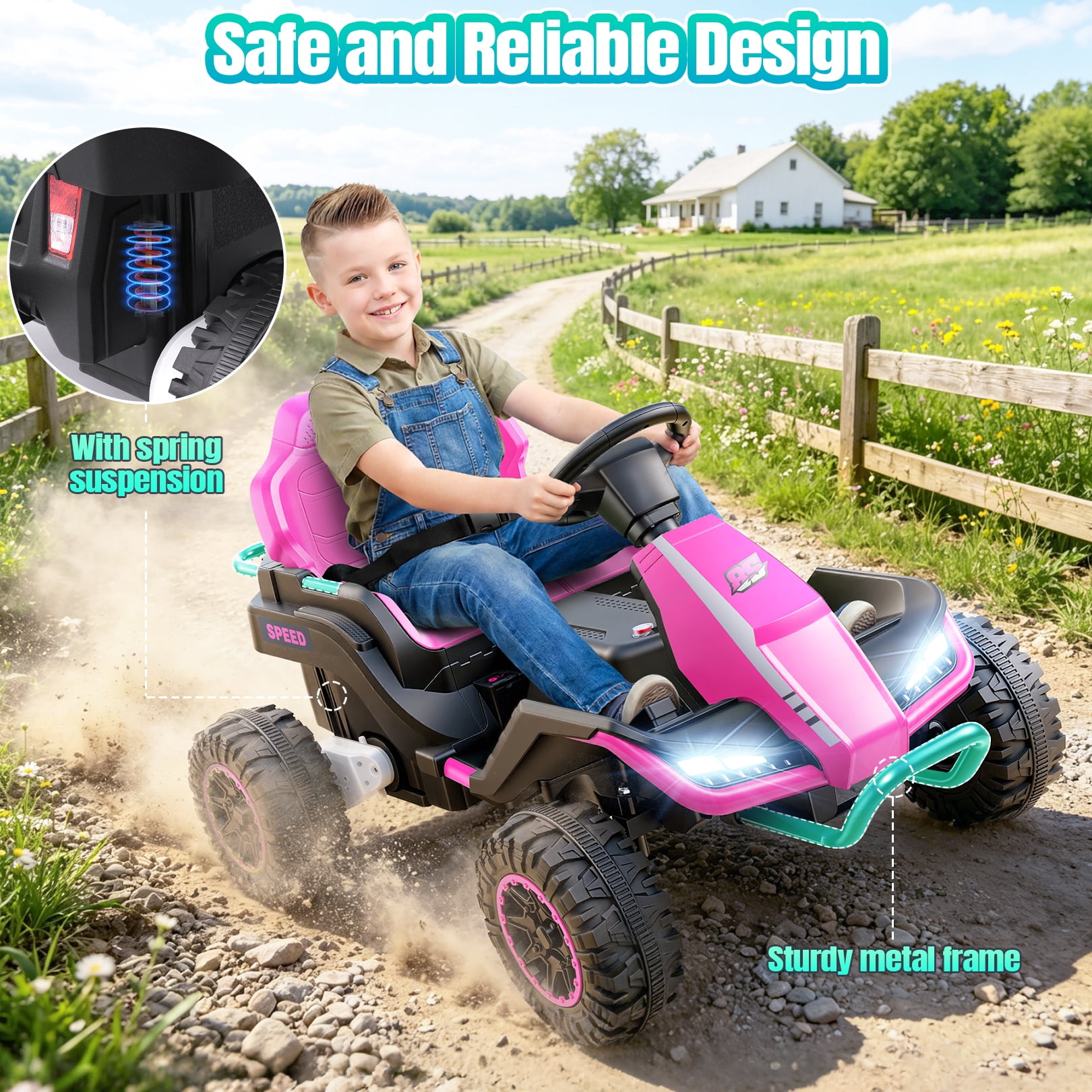 VIBESPARK 24V Ride on Toys with Remote Control, 3 in 1 Ride on Car, Ride on Tractor for Kids with Trailer, 6 Wheel Kids Electric Car w/ Bluetooth, MP3, Music, Pink