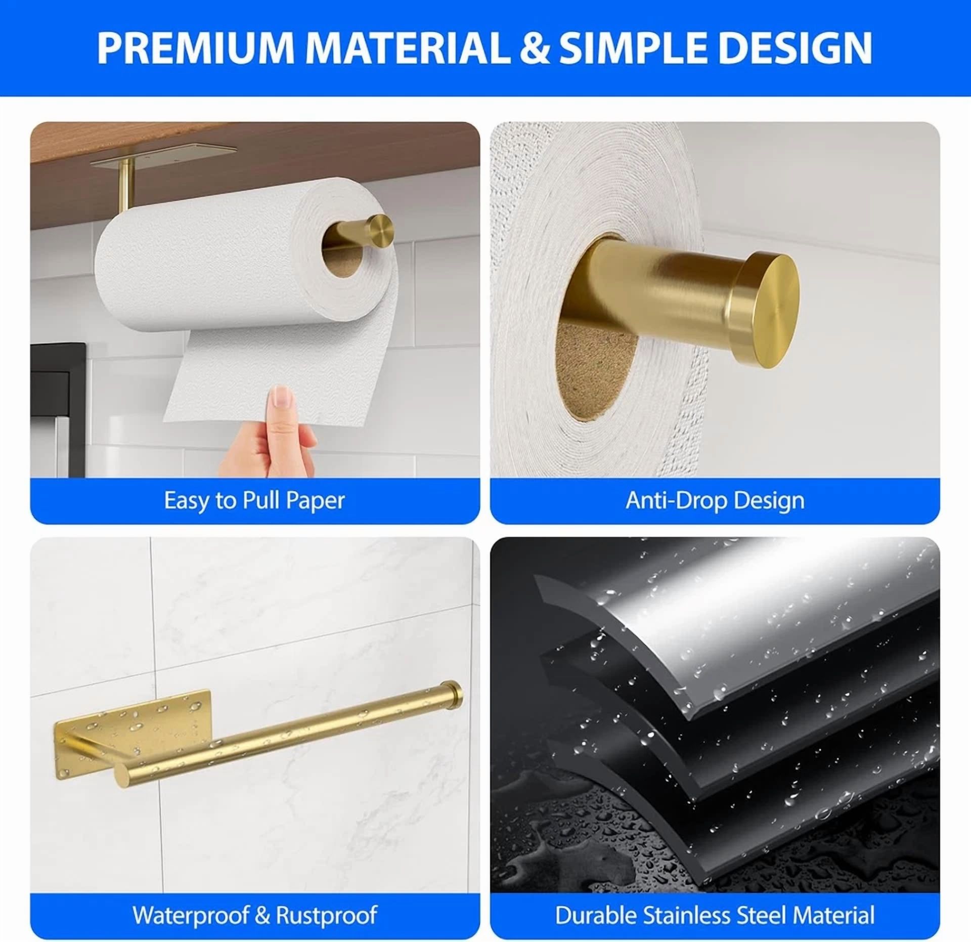 PRIME - Paper Towel Holder Under Cabinet, Self-Adhesive,No Drilling, Stainless Steel, Wa