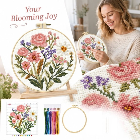Cross Stitch Kit for Beginners with Floral Pattern, Easy Diy Embroidery Craft for Adults & Kids, Complete Embroidery Starter Set with Hoop & Thread