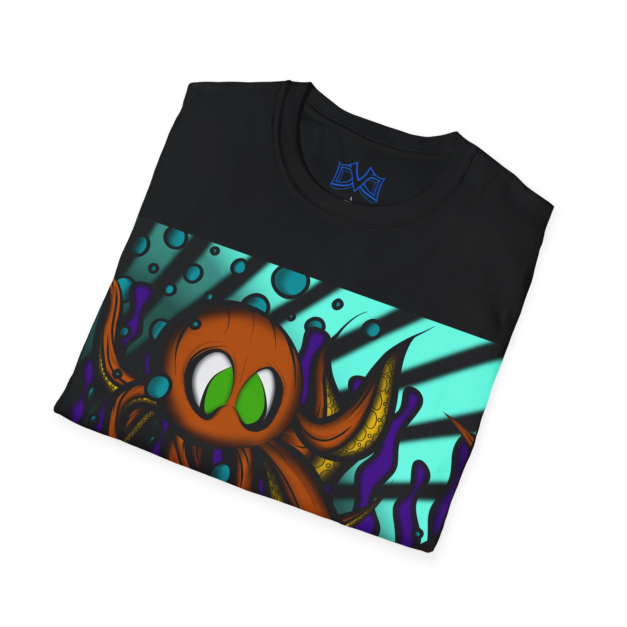 Octopus 9 tentacles, hand drawn art, skate & surf wear on a Unisex T Shirt.