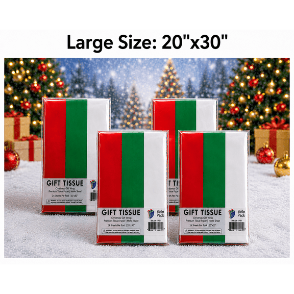Christmas Holiday Light Weight Tissue Paper, High quality Large size 20x30" in 96 sheets Per Pack, (Red Green And White)