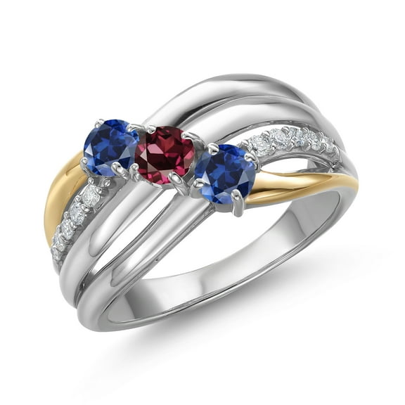 Gem Stone King 925 Silver and 10K Yellow Gold Blue Created Sapphire and Red Rhodolite Garnet and Lab Grown Diamond Engagement Ring for Women | 1.02 Cttw | Round 4MM | September Birthstone | Size 6