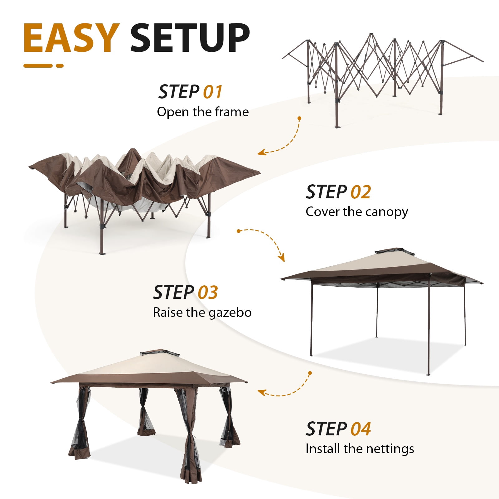 JOIVI 13'x13’Patio Gazebo, Outdoor Pop up Gazebo, Canopy Gazebo Tent Shelter with Mosquito Netting, Beige & Brown