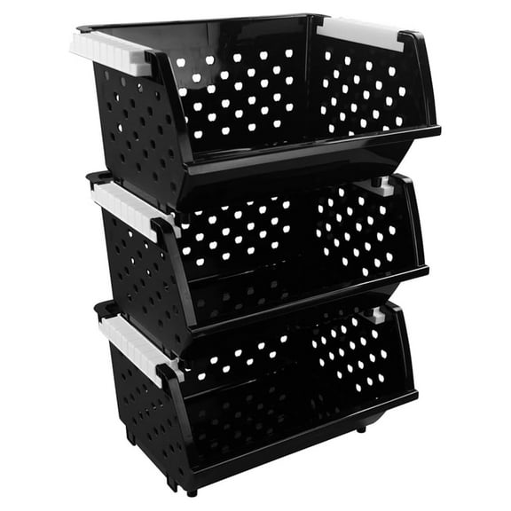 3-Pack Plastic Stackable Organizer Basket, Stacking Storage Basket, Black