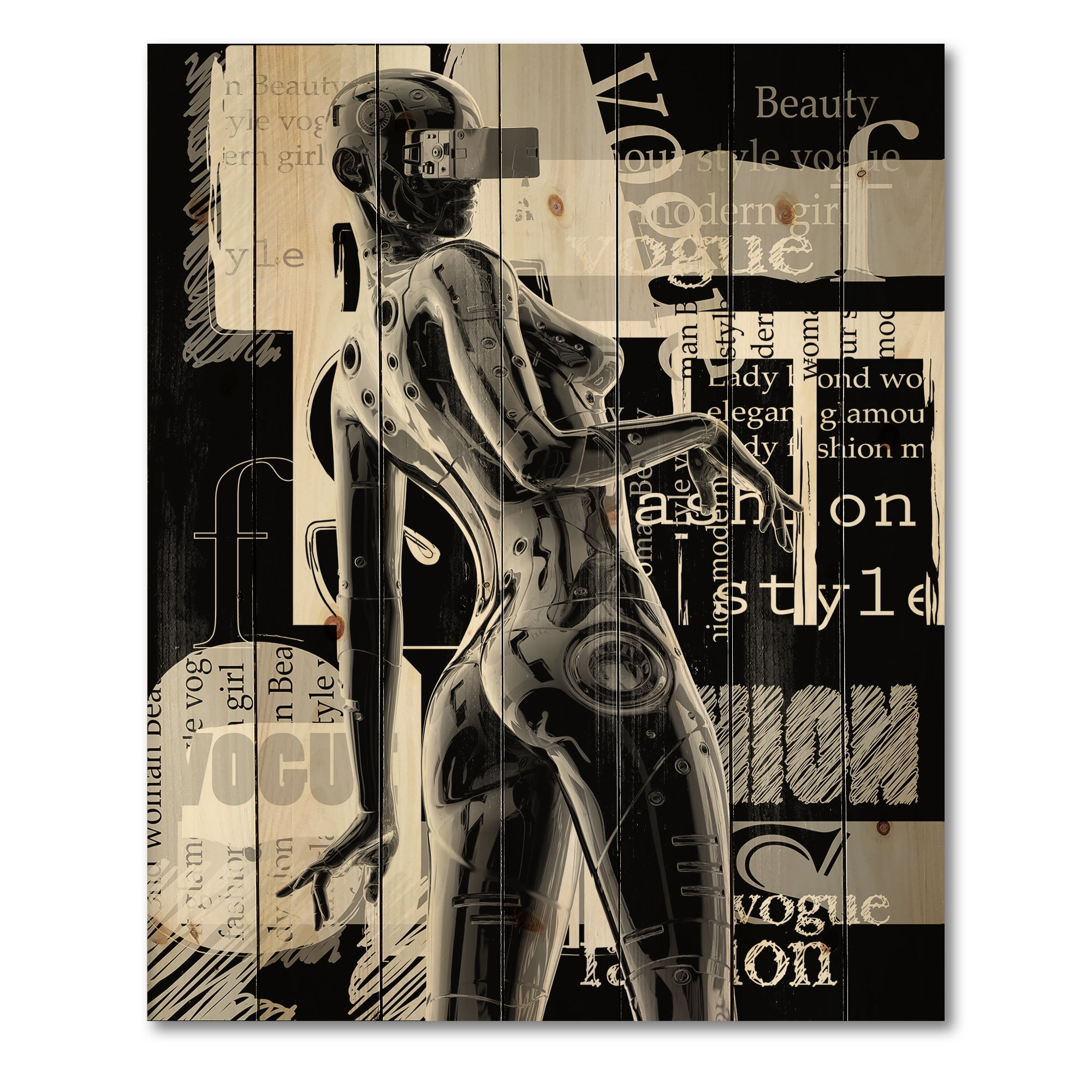 Designart 'Black and White Cyborg Body I' Modern Print on Natural Pine Wood