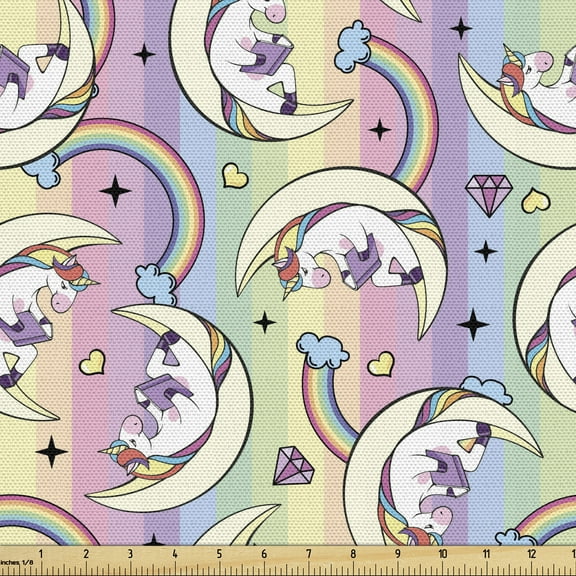Ambesonne Rainbow Fabric by the Yard Upholstery, Multicolor Bookworm Unicorn, 10 Yards, Multicolor