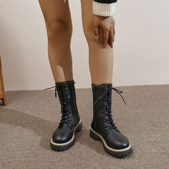 XUNKUSGA Women's Boots 10 Eye Lace Up Mid Calf Boots for Women Fashion comfortable Low Heel Round Toe Chunky Rain Boots Women with Inner Zipper 36-43 Black