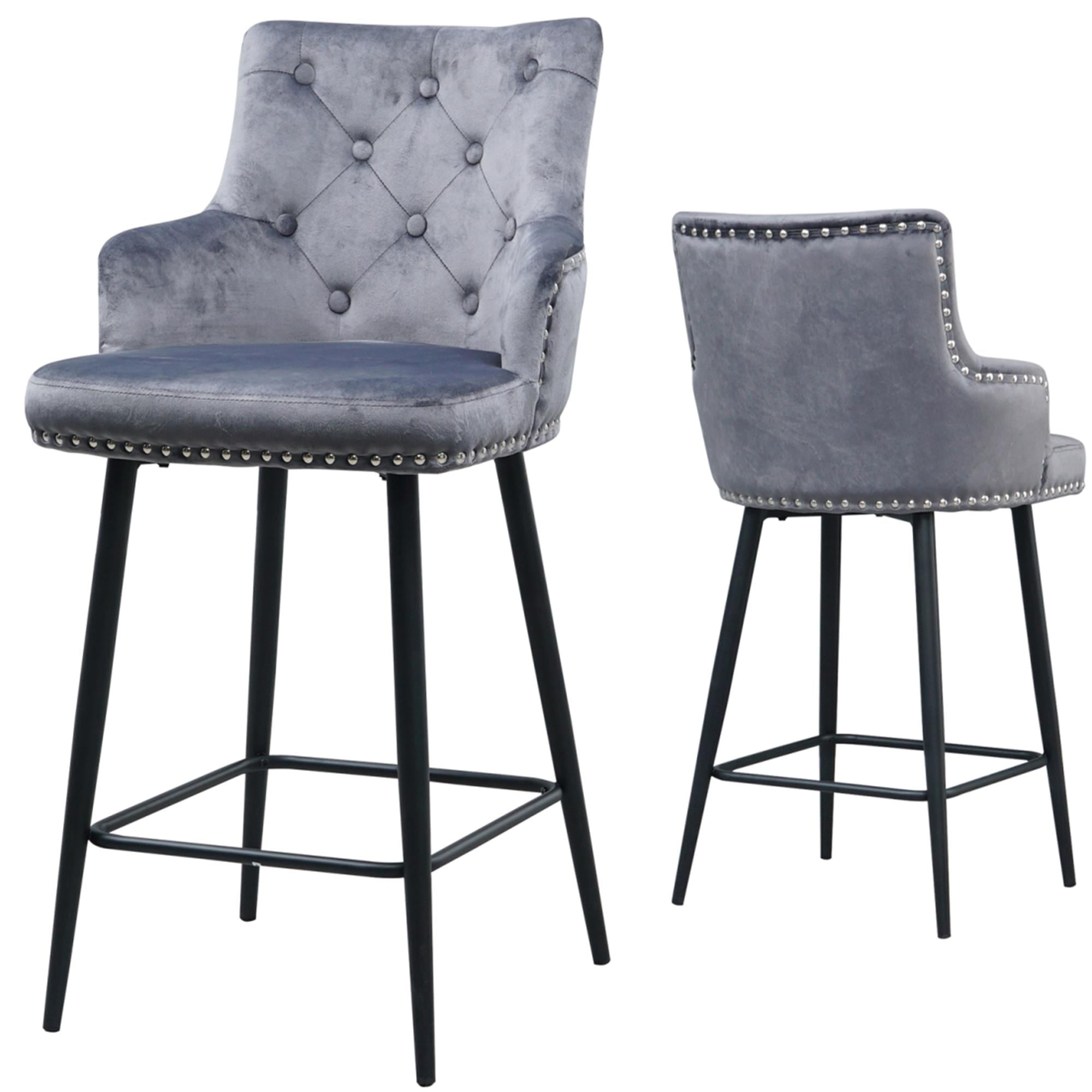 Spaco Bar Stools Set of 2 Counter Height Bar Stools Velvet Upholstered, Grey Spaco Bar Stools Set of 2 Counter Height Bar Stools Velvet Upholstered, Grey