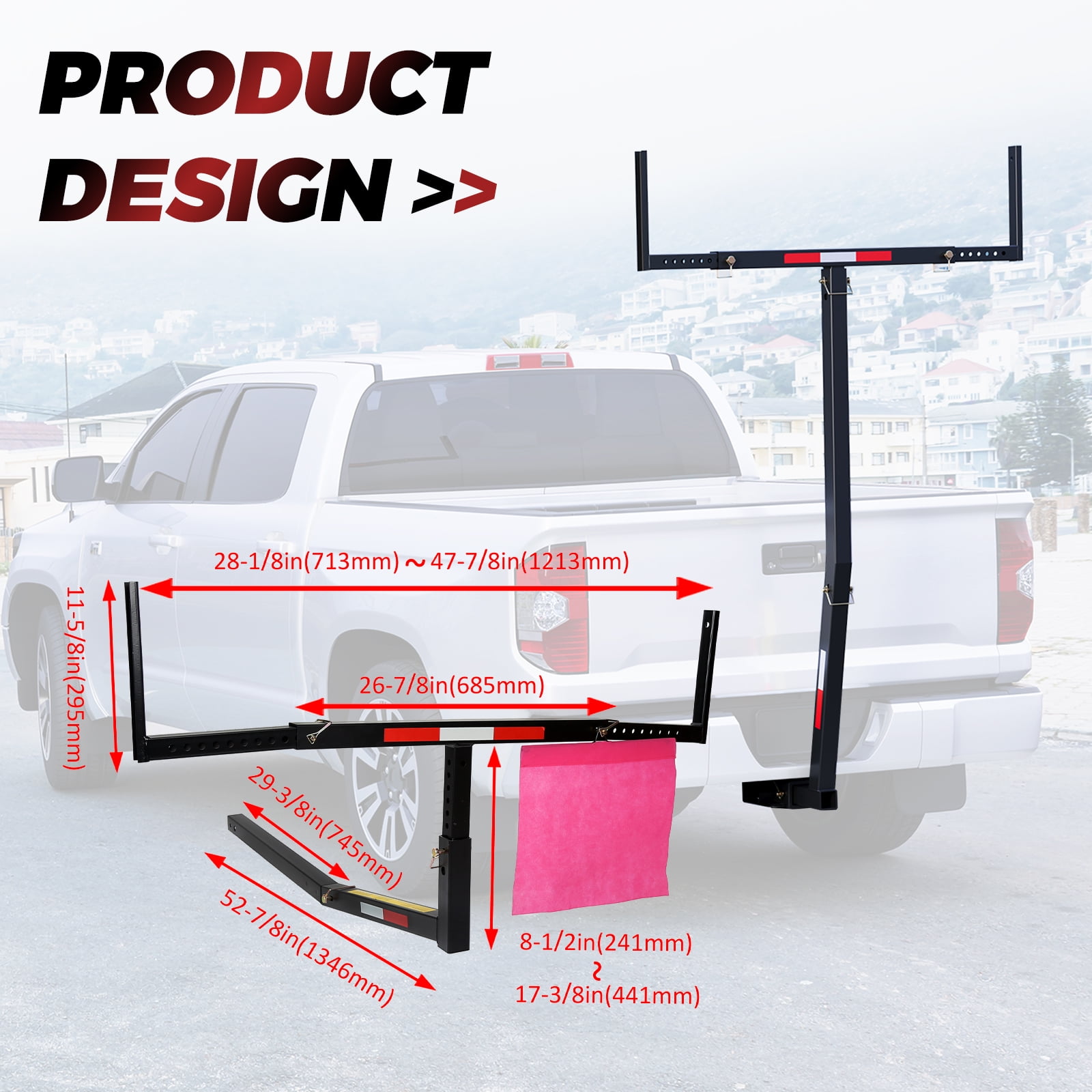 HECASA 2 in1 Adjustable Extender Extension Foldable Rack 2 inch Hitch Receiver Pick Up Truck SUV Bed Ladder Boat Kayak Lumber Carrier 750lbs Capacity w/Flag