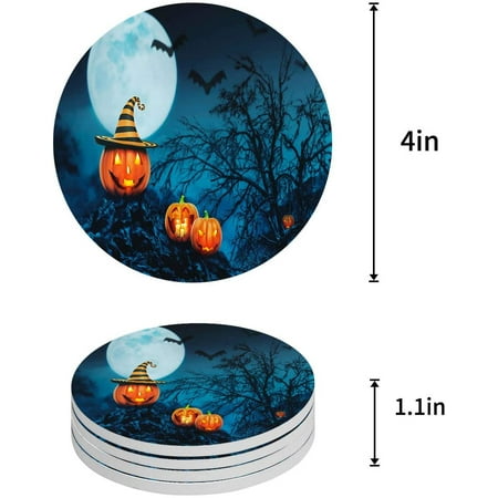 

ZHANZZK Pumpkin Lights Bats and Moons Over The Ghost Woods Dark Forest Set of 4 Round Coaster for Drinks Absorbent Ceramic Stone Coasters Cup Mat with Cork Base for Coffee Table Bar Decor