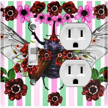 Metal Light Switch Plate Cover Unique Floral Beetle Teal Pink Stripes BUT008