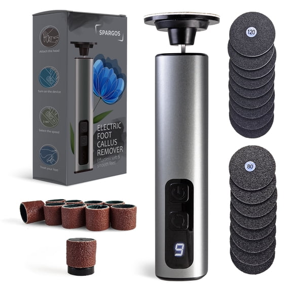 Spargos Electric Foot Callus Remover, Rechargeable 9-Speed Pedicure Tool, 60 Sanding Discs