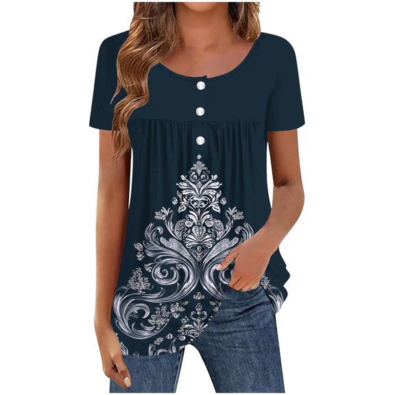 Tunic Tops for Women Loose Dressy Short Sleeve Henley Shirt V Neck Button Up Blouse Casual Pleated Basic Pullover