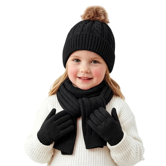 dazeni Kids Winter Warm Hat Gloves Scarf Set Cable Knit Hats Beanie with Pom Mittens for Boys Girls Black 3-12 Years