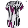 thumbnail image 1 of Femmes T-shirt V Col Rayé Manches Courtes Zip Top Manches Courtes Zip Slim Chemisier, Violet, M, 1 of 6