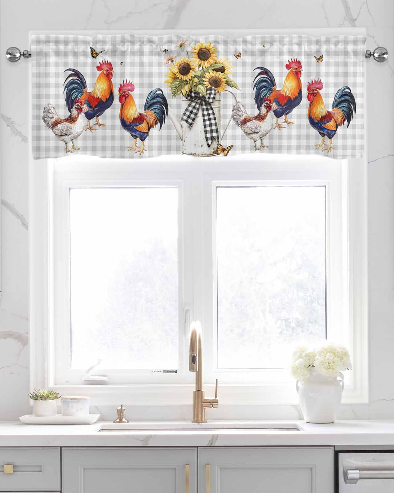 Chicken Sunflowers Kitchen Valances for Windows Farmhouse Linen Window Valance Curtain for Living Room Window Treatment Floral Butterfly Gray White Buffalo Plaid Valance Rod Pocket, 60 x 18 Inch