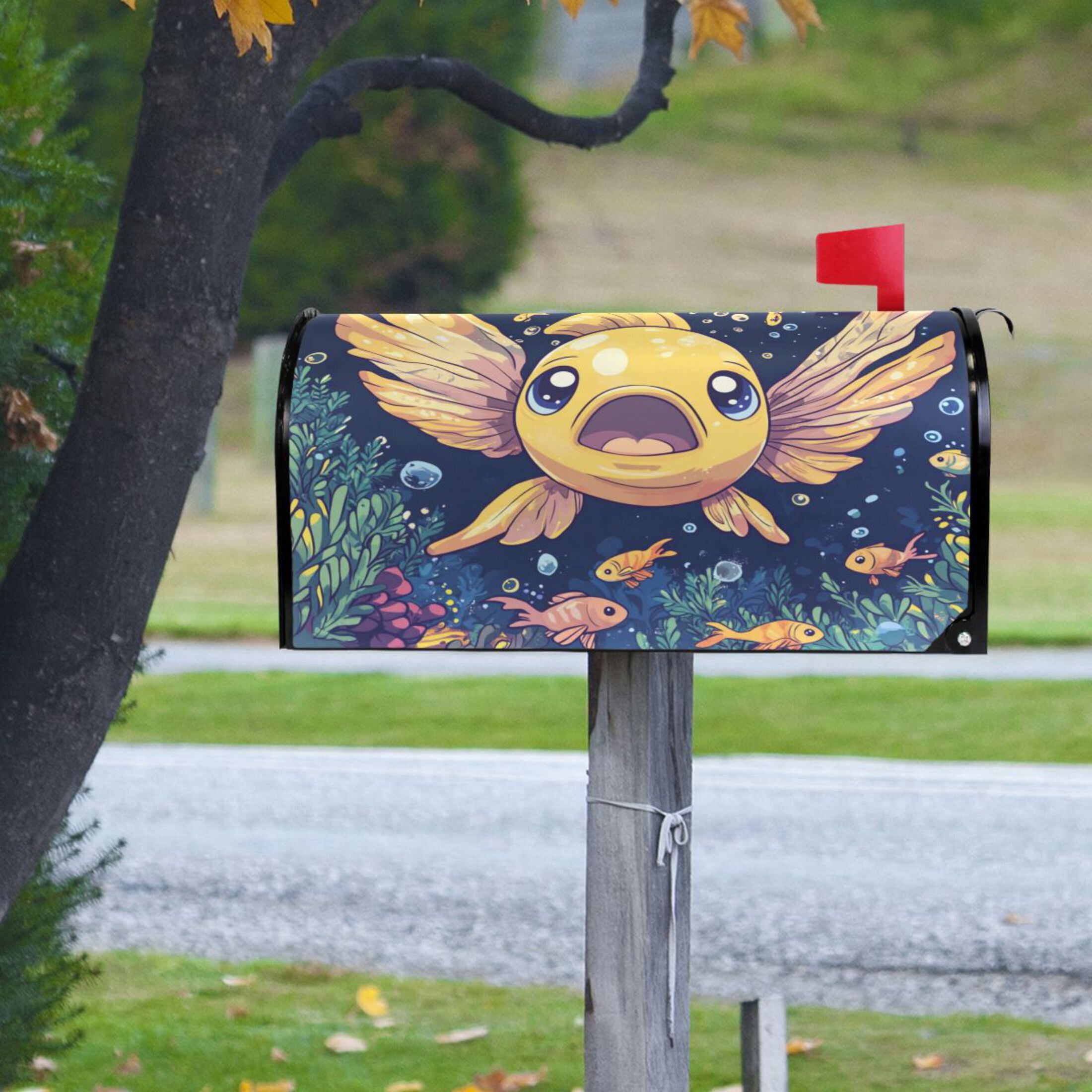 Mailbox Covers Magnetic Large Size 25.4x20.78 in Mailbox Wraps Post for Garden Yard Decor Yellow Fish with Large Wings