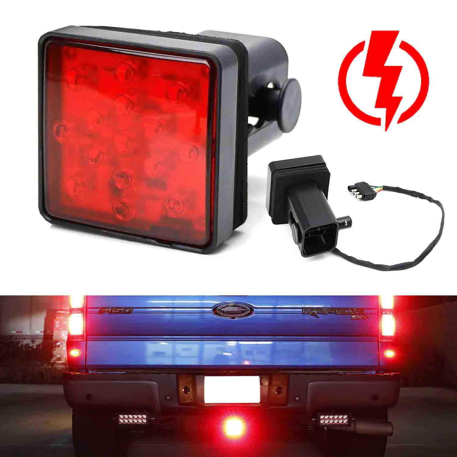 iJDMTOY Red Lens 15-LED Tow Hitch Receiver Brake Tail Light w/Strobe Feature Compatible with Truck SUV Trailer Equipped Class 3/4/5 2-Inch Towing Adapter Hole 