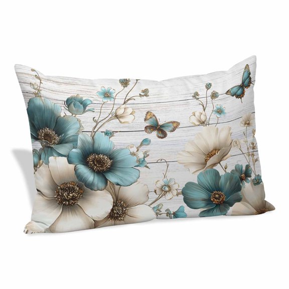 Teal Tulip Butterfly Pillow Covers 16"x24", Beige Turquoise Floral Grey Wooden Soft Brushed Microfiber Breathable Throw Pillow Covers, Decorative Pillowcase with Zipper for Couch Sofa Bedroom