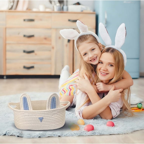 Ympkerial 12-Inch Large Easter Basket Woven Bunny Storage Organizer Set with Plush Carrot and Decorative Eggs for Baby First Easter Gift Home Decor