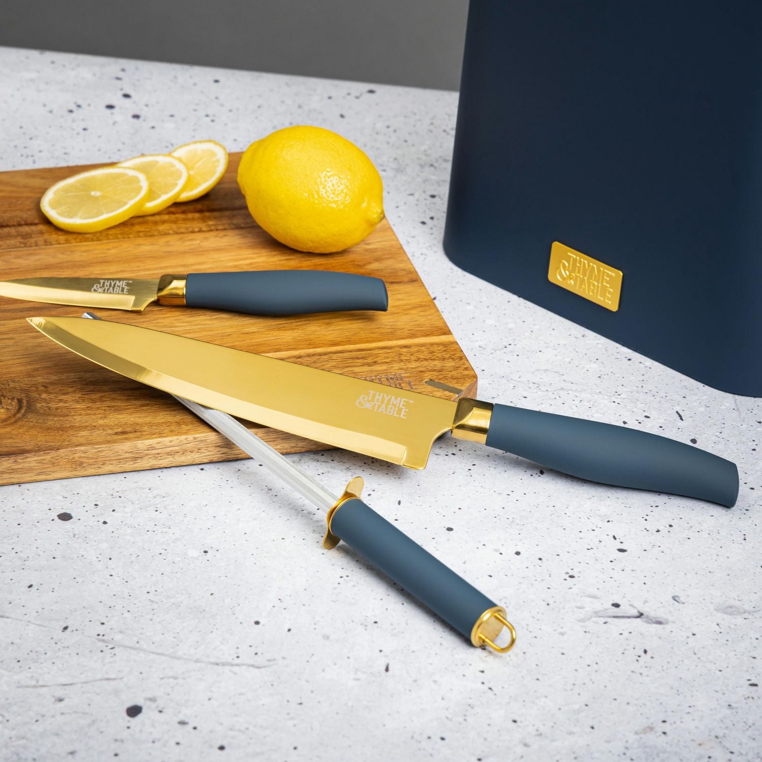 Thyme & Table 7-Piece Slim Block Knife Set with Gold Blades and Blue Block