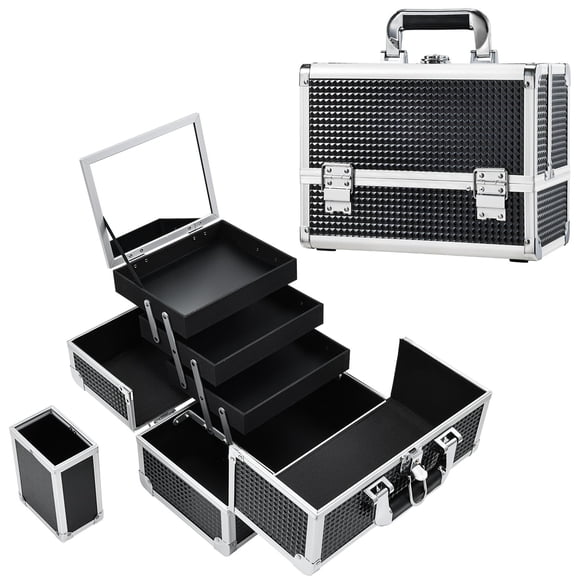 Joligrace Caja Organizadora de Maquillaje Estuche de Maquillaje Grande de 11.8 Pulgadas 3 Bandejas con Espejo Estuche de Tren de Maquillaje con Portaescobillas Almacenamiento de Viaje Cosmético Portát