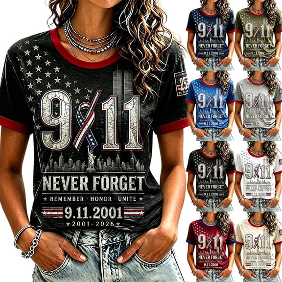 9/11 25th Anniversary Shirt Womens WE Will Never Forget Tee Shirts | Lightweight Fabric, Crew Neck Short Sleeve Tops, American Flag, 2001-2026 25Th Anniversary Tops, Patriotic Honor Tee Shirt,3XL
