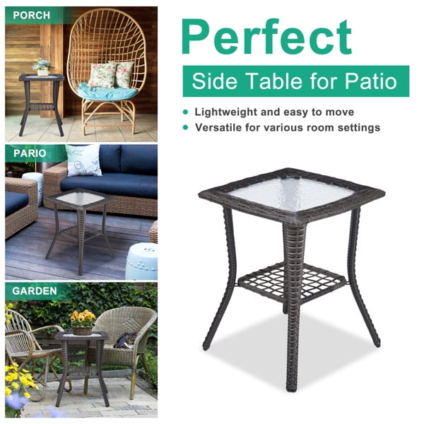 Alvantor Dark Gray Wicker Small Side Table 18 x 18 x 22.6 in Outdoor Patio End Table with Ripple Tempered Glass Top and Lower Shelf