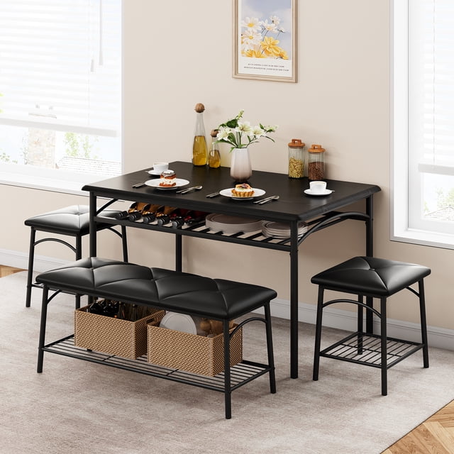 Dining Table Set for 4, Kitchen Table with Upholstered Bench and 2 Chairs, Kitchen Table and Chairs Set with Storage Shelf,Small Space Saving Design, Easy Assembly