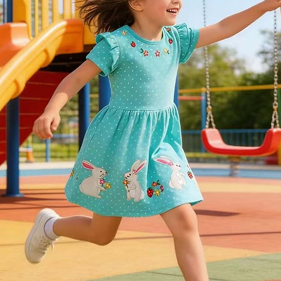 Trendfront Girls Bunny Embroidery Dresses Crewneck Flutter Sleeve A Line Dress Animal Print Cute Everyday Outfit Dresses