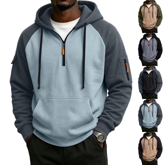 Qwertyu Quarter Zip Hoodie Men Fleece Casual Long Sleeve Drawstring Sweatshirt Fashion Loose Pullover with Pockets Khaki 3XL