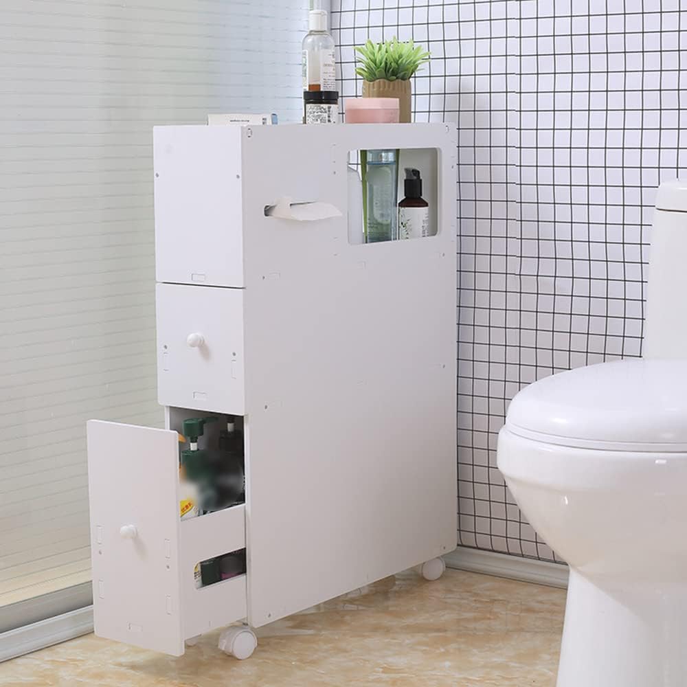 Toilet Slim Bathroom Storage Cabinet with Wheels,2 Drawers Narrow Floor Cabinets for Bathroom,White